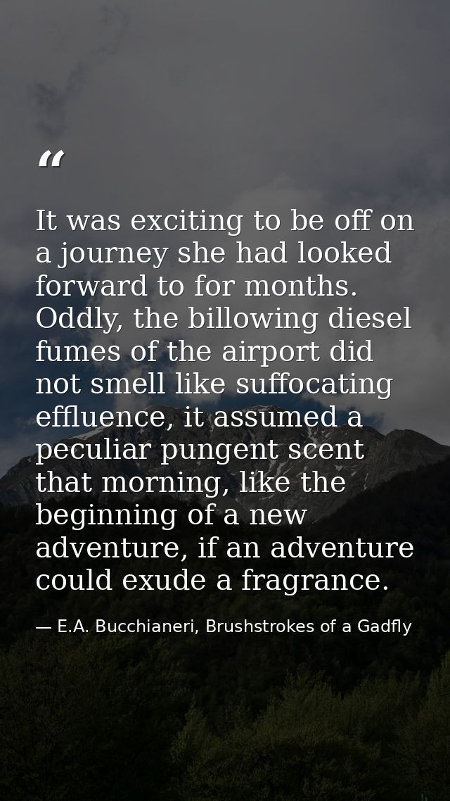 It was exciting to be off on a journey she had looked forward to for months. Oddly, the billowing diesel fumes of the ai — E.A. Bucchianeri, Brushstrokes of a Gadfly