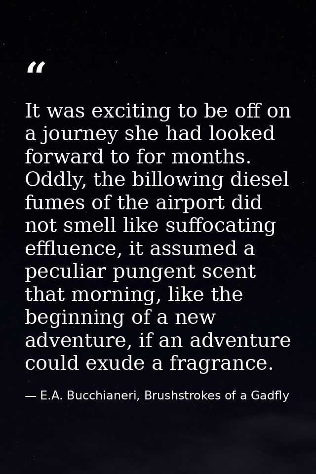 It was exciting to be off on a journey she had looked forward to for months. Oddly, the billowing diesel fumes of the ai — E.A. Bucchianeri, Brushstrokes of a Gadfly