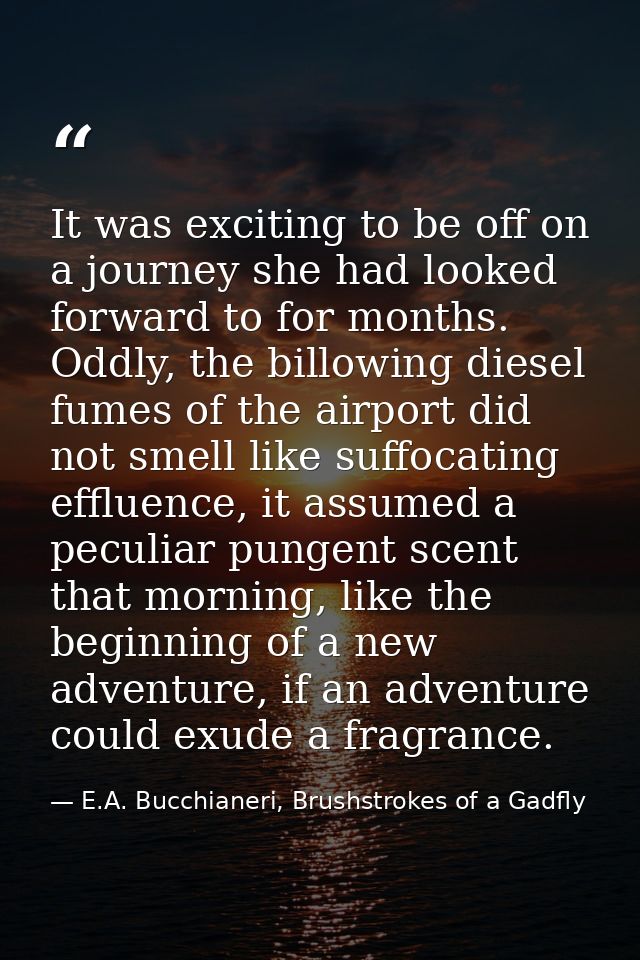 It was exciting to be off on a journey she had looked forward to for months. Oddly, the billowing diesel fumes of the ai — E.A. Bucchianeri, Brushstrokes of a Gadfly