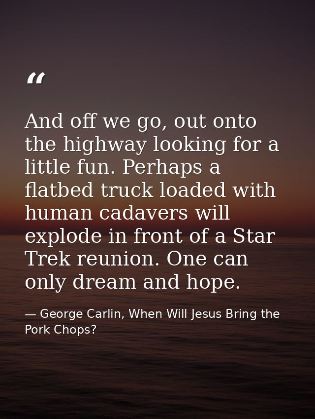 And off we go, out onto the highway looking for a little fun. Perhaps a flatbed truck loaded with human cadavers will ex — George Carlin, When Will Jesus Bring the Pork Chops?