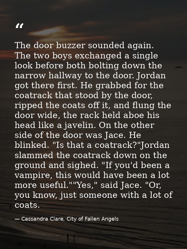 The door buzzer sounded again. The two boys exchanged a single look before both bolting down the narrow hallway to the d — Cassandra Clare, City of Fallen Angels