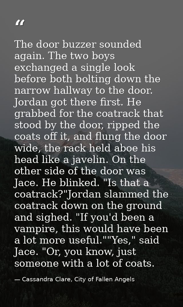 The door buzzer sounded again. The two boys exchanged a single look before both bolting down the narrow hallway to the d — Cassandra Clare, City of Fallen Angels