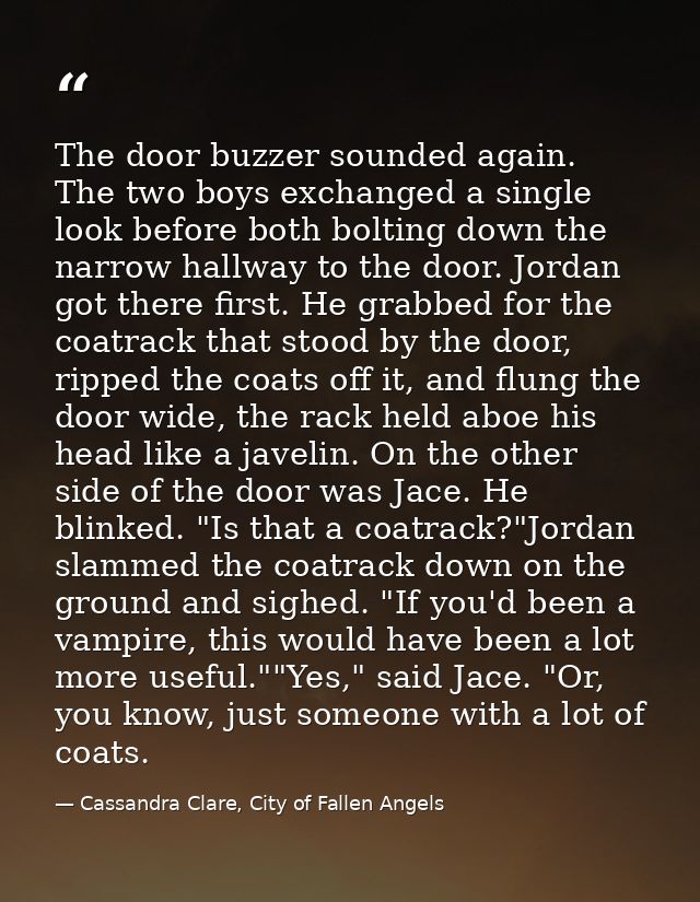 The door buzzer sounded again. The two boys exchanged a single look before both bolting down the narrow hallway to the d — Cassandra Clare, City of Fallen Angels