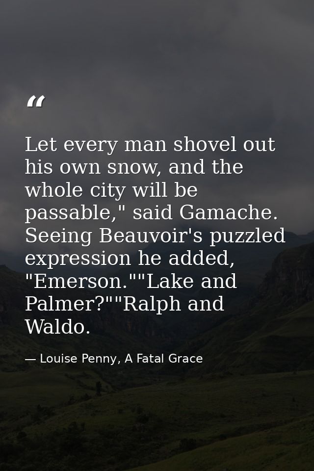 Let every man shovel out his own snow, and the whole city will be passable," said Gamache. Seeing Beauvoir's puzzled exp — Louise Penny, A Fatal Grace