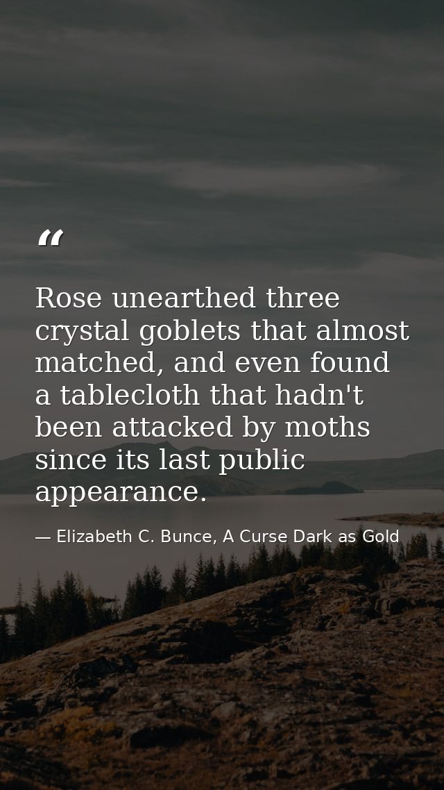 Rose unearthed three crystal goblets that almost matched, and even found a tablecloth that hadn't been attacked by moths — Elizabeth C. Bunce, A Curse Dark as Gold