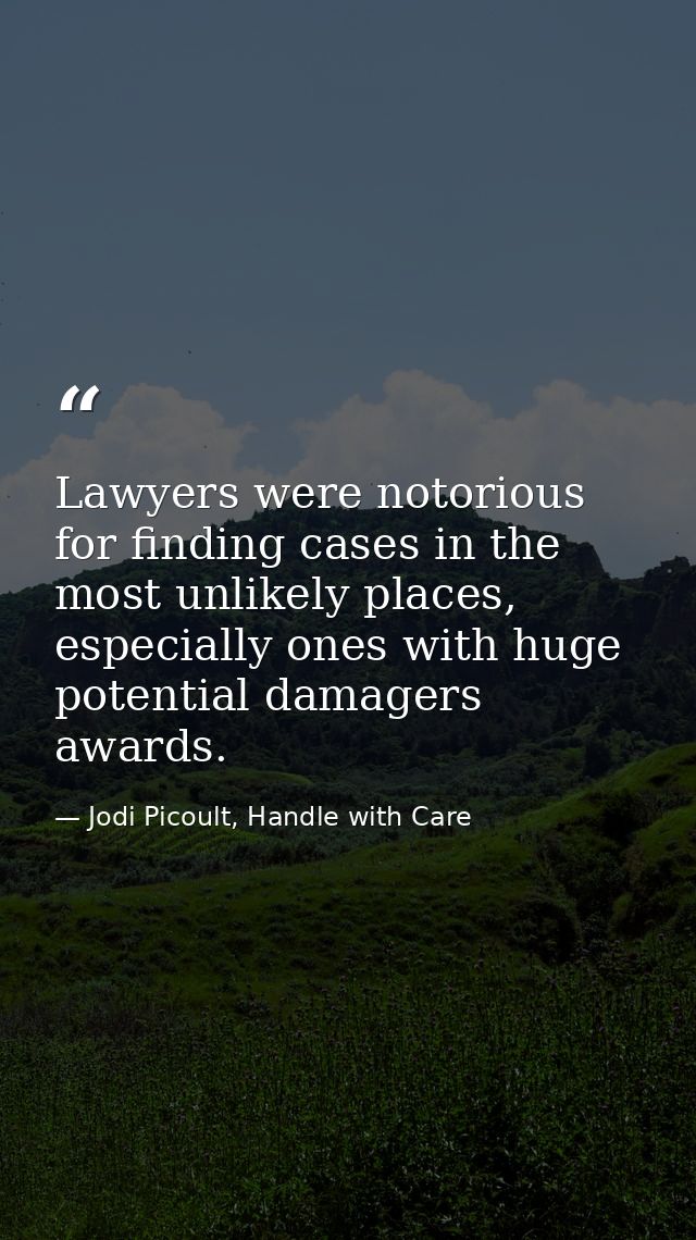 Lawyers were notorious for finding cases in the most unlikely places, especially ones with huge potential damagers award — Jodi Picoult, Handle with Care