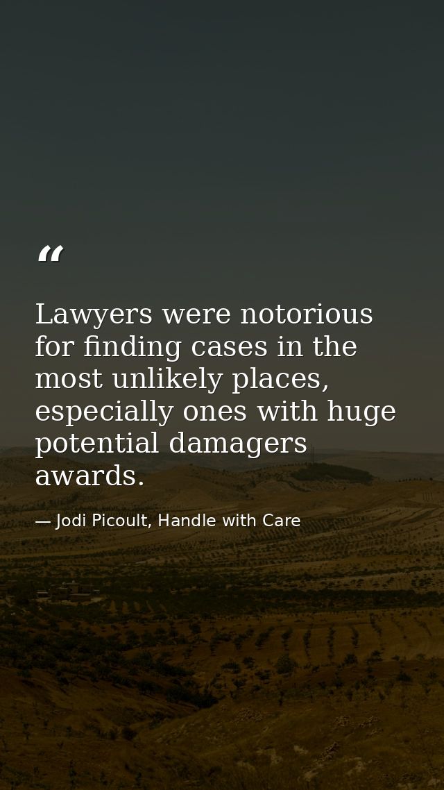 Lawyers were notorious for finding cases in the most unlikely places, especially ones with huge potential damagers award — Jodi Picoult, Handle with Care