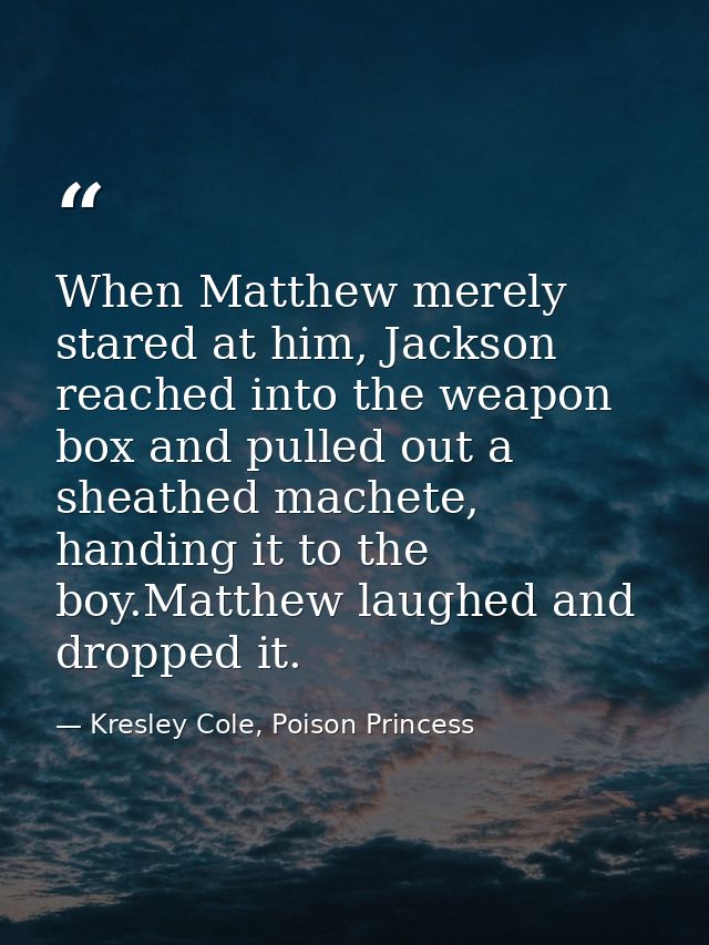 When Matthew merely stared at him, Jackson reached into the weapon box and pulled out a sheathed machete, handing it to  — Kresley Cole, Poison Princess