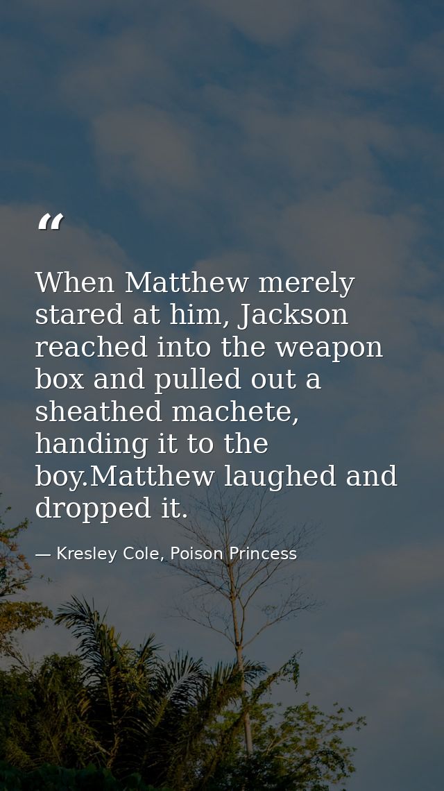 When Matthew merely stared at him, Jackson reached into the weapon box and pulled out a sheathed machete, handing it to  — Kresley Cole, Poison Princess