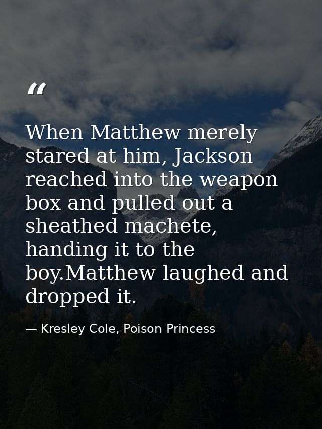 When Matthew merely stared at him, Jackson reached into the weapon box and pulled out a sheathed machete, handing it to  — Kresley Cole, Poison Princess