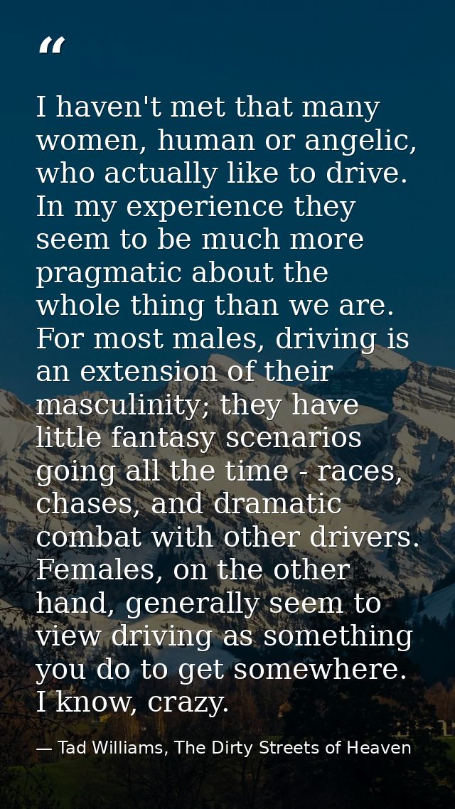I haven't met that many women, human or angelic, who actually like to drive. In my experience they seem to be much more  — Tad Williams, The Dirty Streets of Heaven