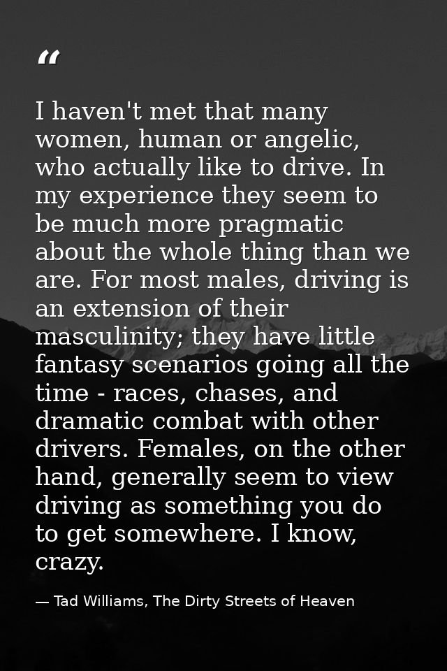 I haven't met that many women, human or angelic, who actually like to drive. In my experience they seem to be much more  — Tad Williams, The Dirty Streets of Heaven