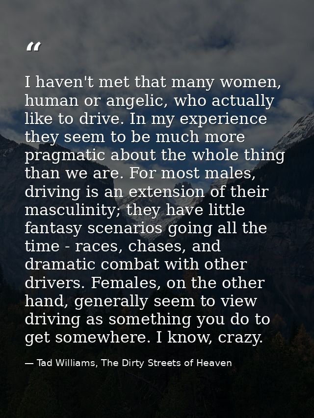 I haven't met that many women, human or angelic, who actually like to drive. In my experience they seem to be much more  — Tad Williams, The Dirty Streets of Heaven