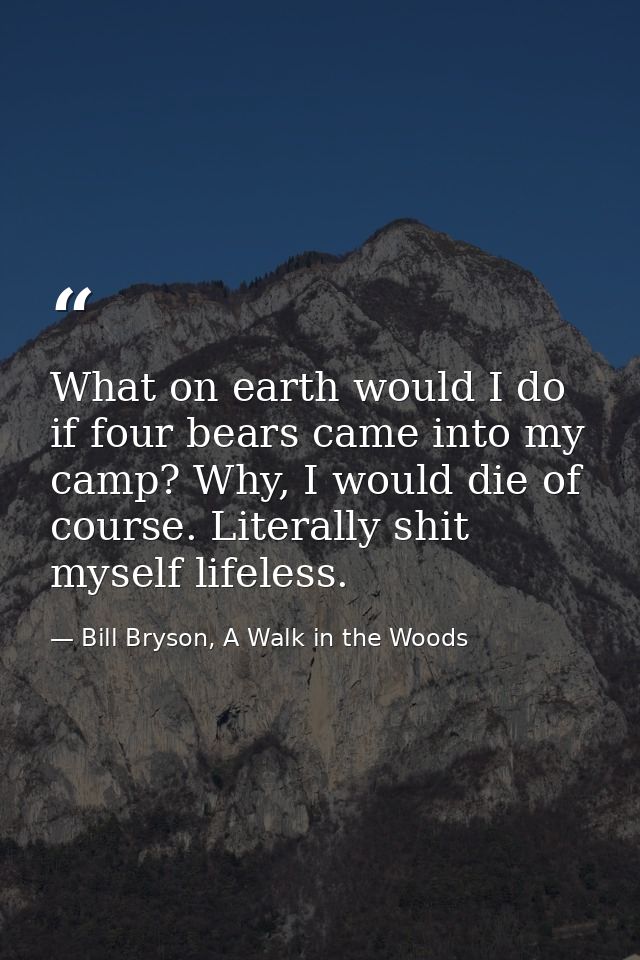 What on earth would I do if four bears came into my camp? Why, I would die of course. Literally shit myself lifeless. — Bill Bryson, A Walk in the Woods