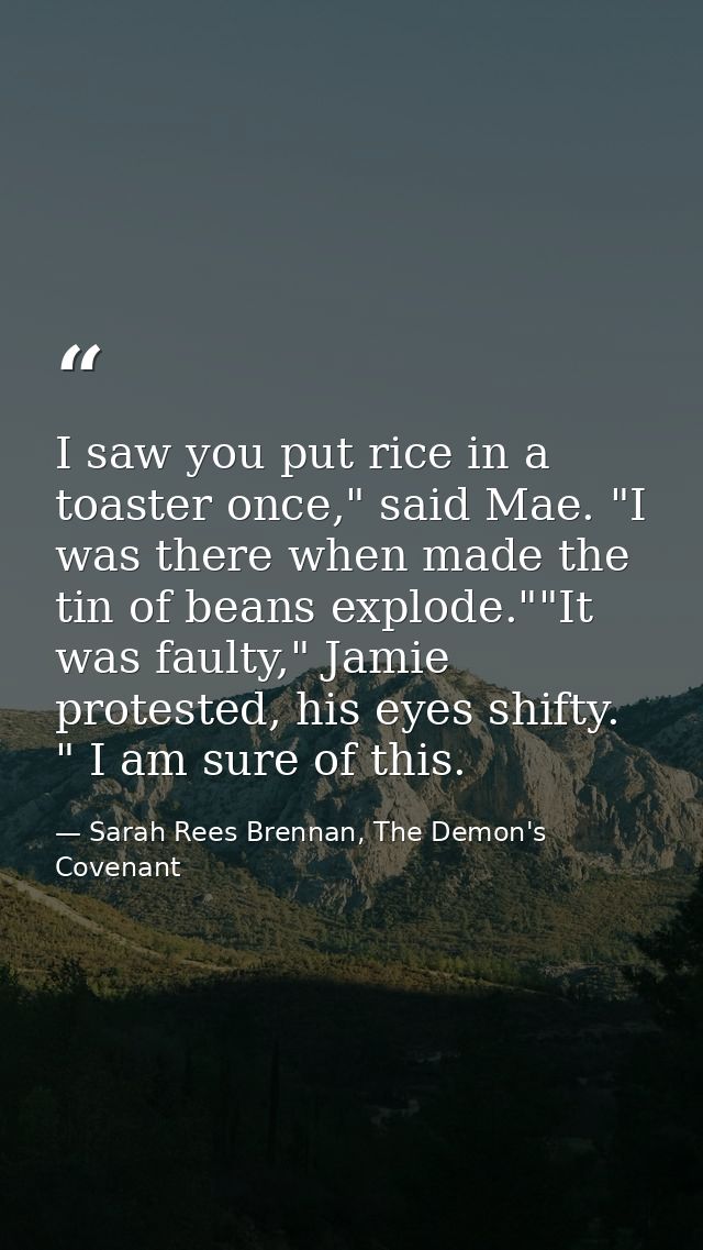 I saw you put rice in a toaster once," said Mae. "I was there when made the tin of beans explode.""It was faulty," Jamie — Sarah Rees Brennan, The Demon's Covenant