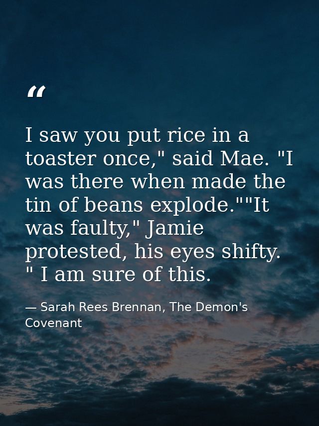 I saw you put rice in a toaster once," said Mae. "I was there when made the tin of beans explode.""It was faulty," Jamie — Sarah Rees Brennan, The Demon's Covenant