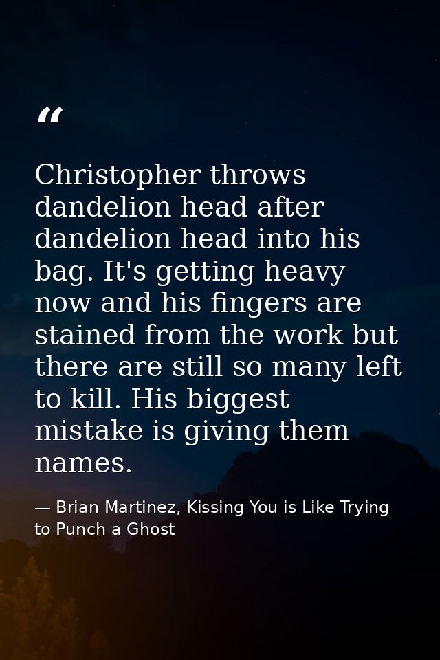 Christopher throws dandelion head after dandelion head into his bag. It's getting heavy now and his fingers are stained  — Brian Martinez, Kissing You is Like Trying to Punch a Ghost