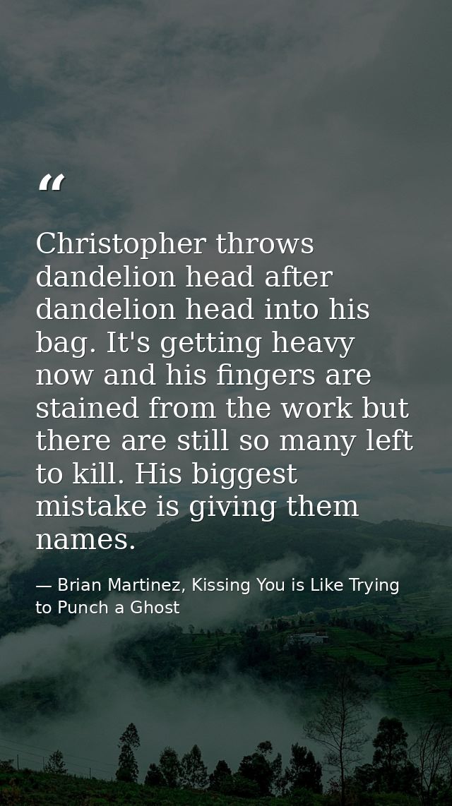 Christopher throws dandelion head after dandelion head into his bag. It's getting heavy now and his fingers are stained  — Brian Martinez, Kissing You is Like Trying to Punch a Ghost