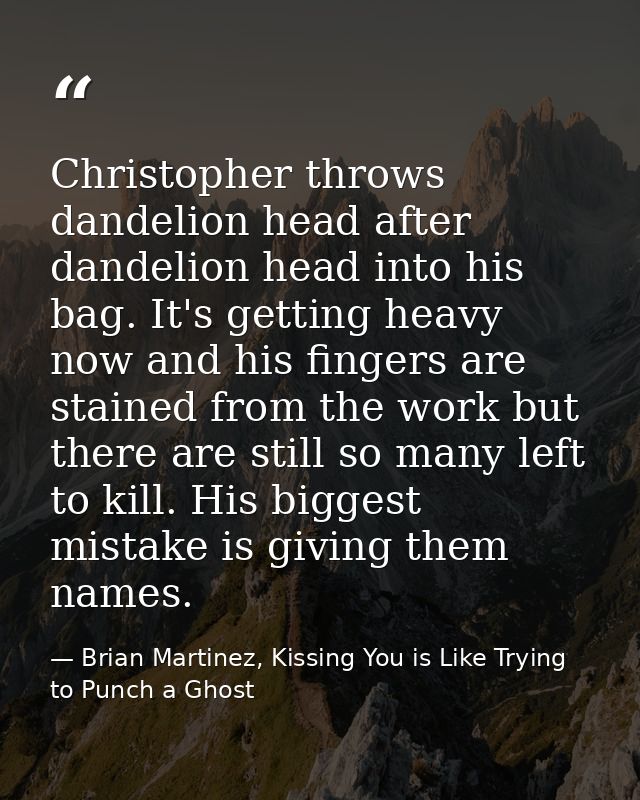 Christopher throws dandelion head after dandelion head into his bag. It's getting heavy now and his fingers are stained  — Brian Martinez, Kissing You is Like Trying to Punch a Ghost