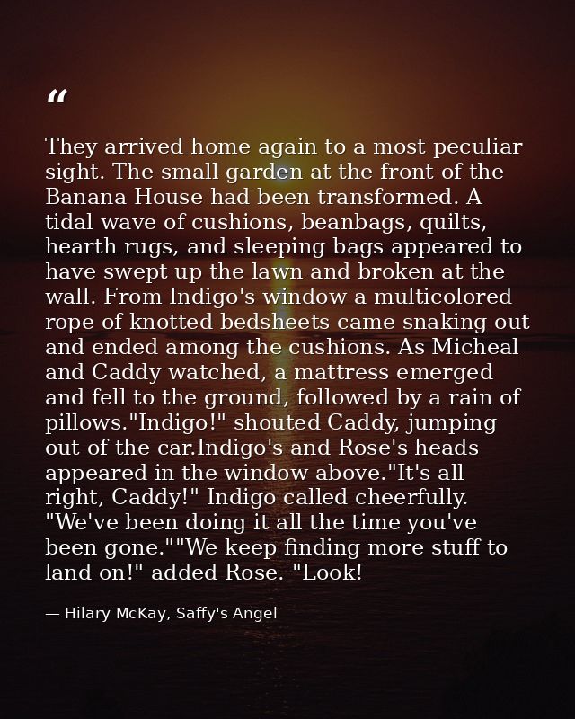 They arrived home again to a most peculiar sight. The small garden at the front of the Banana House had been transformed — Hilary McKay, Saffy's Angel