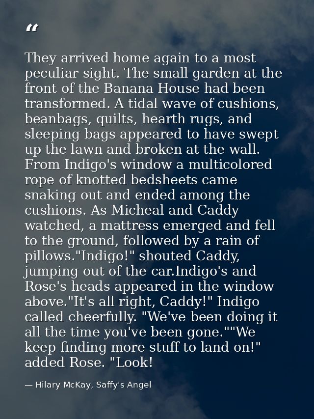 They arrived home again to a most peculiar sight. The small garden at the front of the Banana House had been transformed — Hilary McKay, Saffy's Angel
