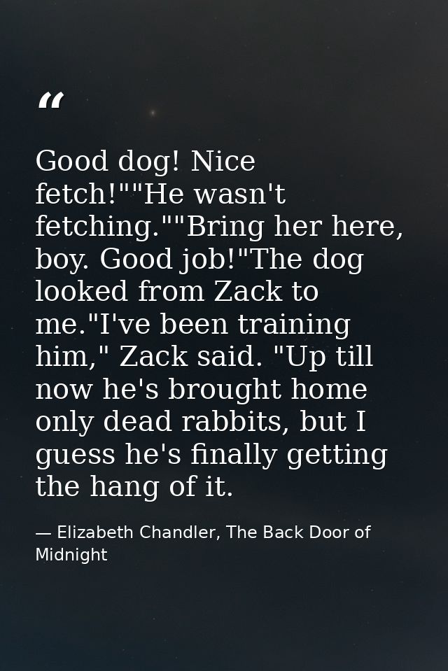 Good dog! Nice fetch!""He wasn't fetching.""Bring her here, boy. Good job!"The dog looked from Zack to me."I've been tra — Elizabeth Chandler, The Back Door of Midnight