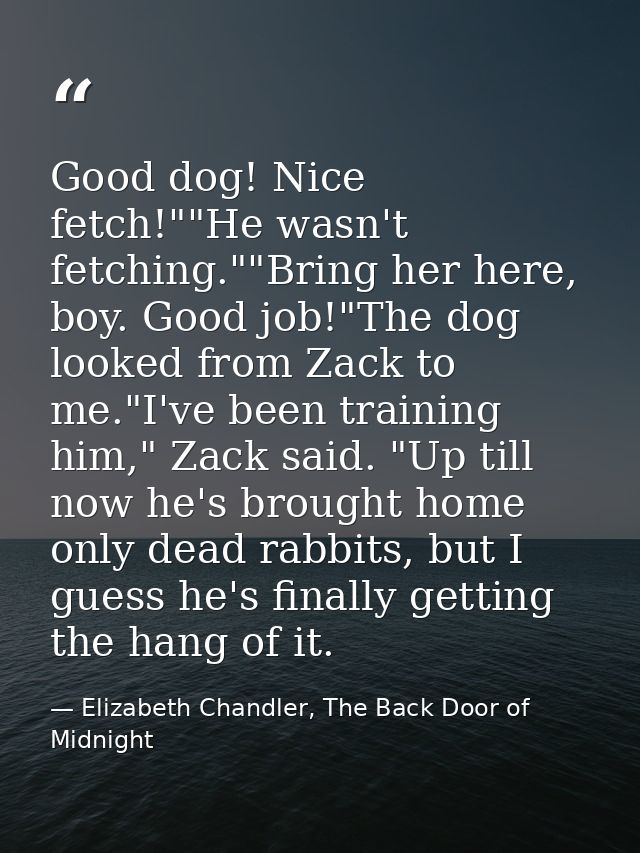 Good dog! Nice fetch!""He wasn't fetching.""Bring her here, boy. Good job!"The dog looked from Zack to me."I've been tra — Elizabeth Chandler, The Back Door of Midnight