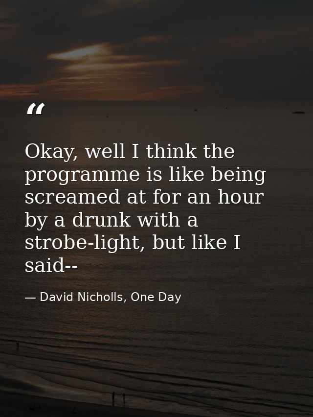 Okay, well I think the programme is like being screamed at for an hour by a drunk with a strobe-light, but like I said-- — David Nicholls, One Day