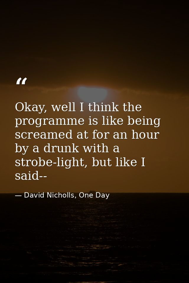 Okay, well I think the programme is like being screamed at for an hour by a drunk with a strobe-light, but like I said-- — David Nicholls, One Day