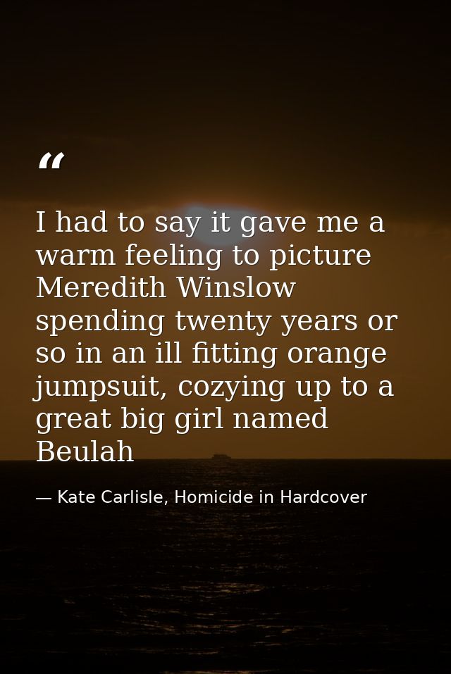 I had to say it gave me a warm feeling to picture Meredith Winslow spending twenty years or so in an ill fitting orange  — Kate Carlisle, Homicide in Hardcover