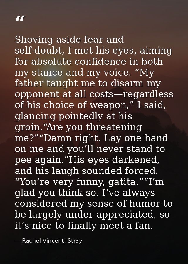Shoving aside fear and self-doubt, I met his eyes, aiming for absolute confidence in both my stance and my voice. “My fa — Rachel Vincent, Stray