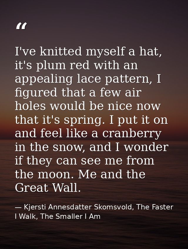 I've knitted myself a hat, it's plum red with an appealing lace pattern, I figured that a few air holes would be nice no — Kjersti Annesdatter Skomsvold, The Faster I Walk, The Smaller I Am