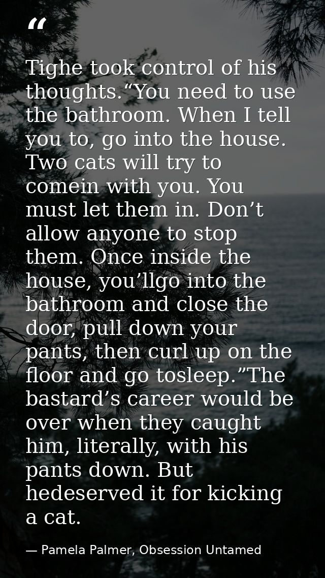 Tighe took control of his thoughts.“You need to use the bathroom. When I tell you to, go into the house. Two cats will t — Pamela Palmer, Obsession Untamed