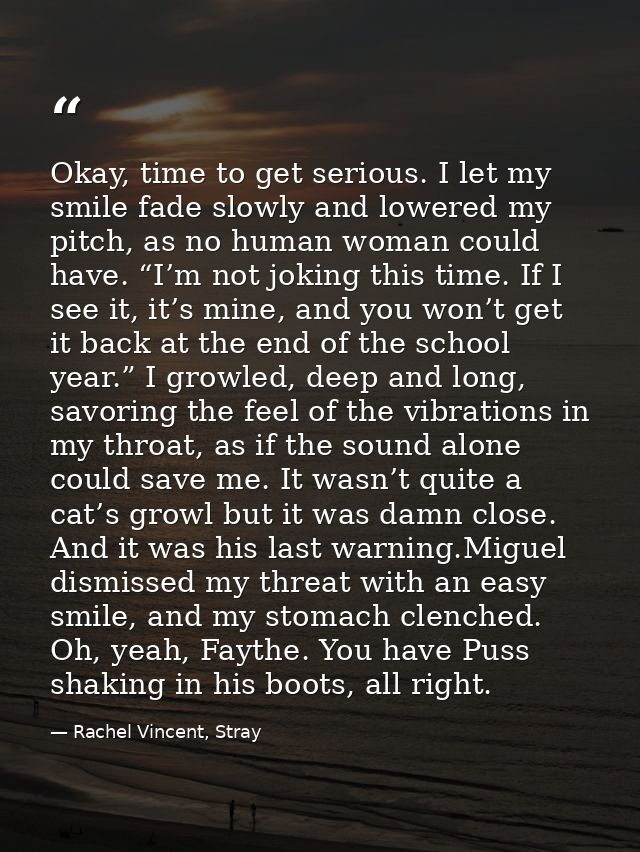 Okay, time to get serious. I let my smile fade slowly and lowered my pitch, as no human woman could have. “I’m not jokin — Rachel Vincent, Stray