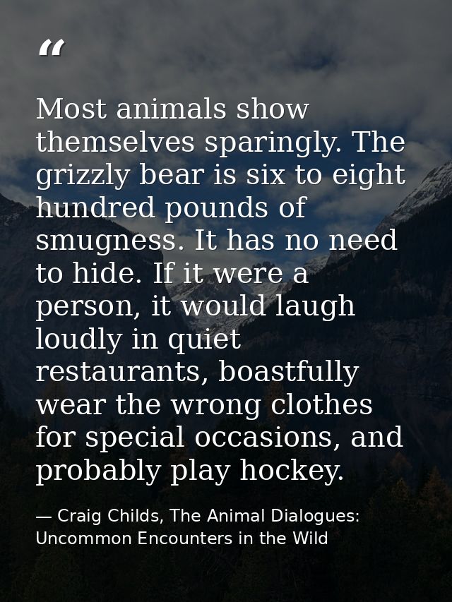 Most animals show themselves sparingly. The grizzly bear is six to eight hundred pounds of smugness. It has no need to h — Craig Childs, The Animal Dialogues: Uncommon Encounters in the Wild
