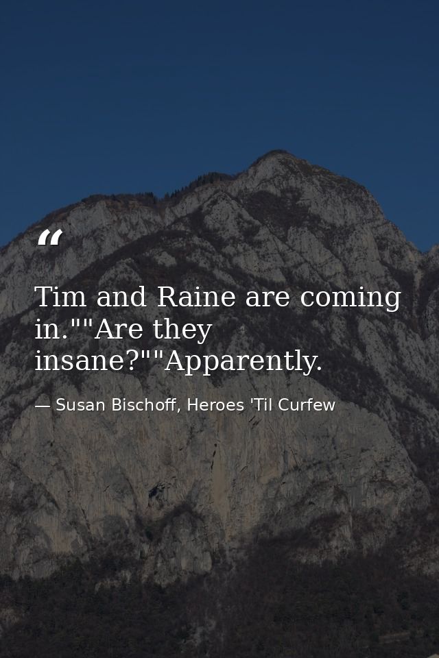 Tim and Raine are coming in.""Are they insane?""Apparently. — Susan Bischoff, Heroes 'Til Curfew
