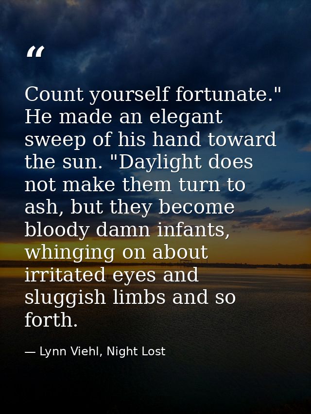 Count yourself fortunate." He made an elegant sweep of his hand toward the sun. "Daylight does not make them turn to ash — Lynn Viehl, Night Lost