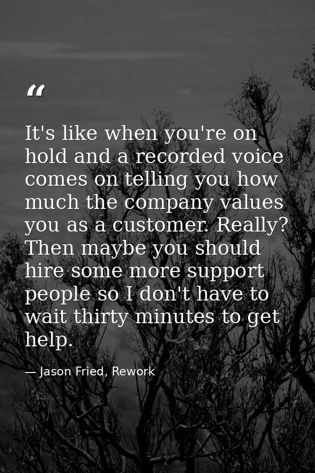 It's like when you're on hold and a recorded voice comes on telling you how much the company values you as a customer. R — Jason Fried, Rework