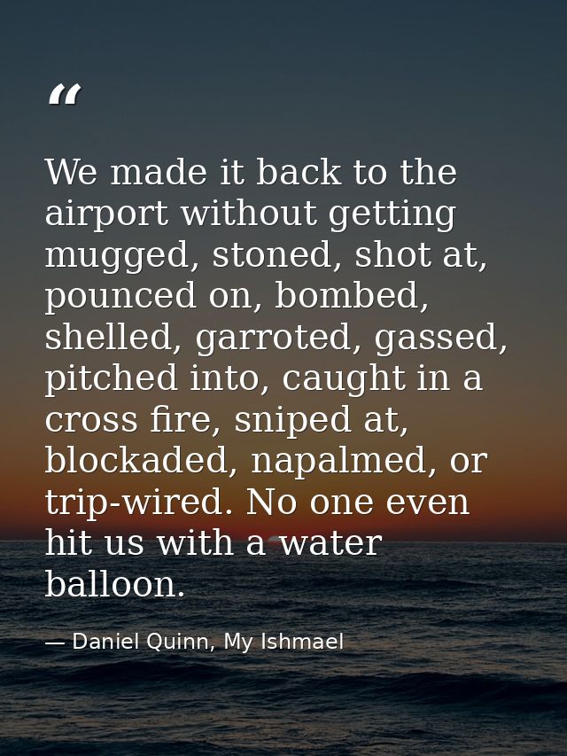 We made it back to the airport without getting mugged, stoned, shot at, pounced on, bombed, shelled, garroted, gassed, p — Daniel Quinn, My Ishmael