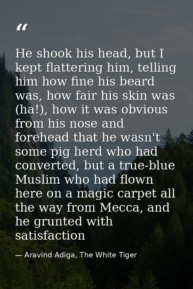He shook his head, but I kept flattering him, telling him how fine his beard was, how fair his skin was (ha!), how it wa — Aravind Adiga, The White Tiger