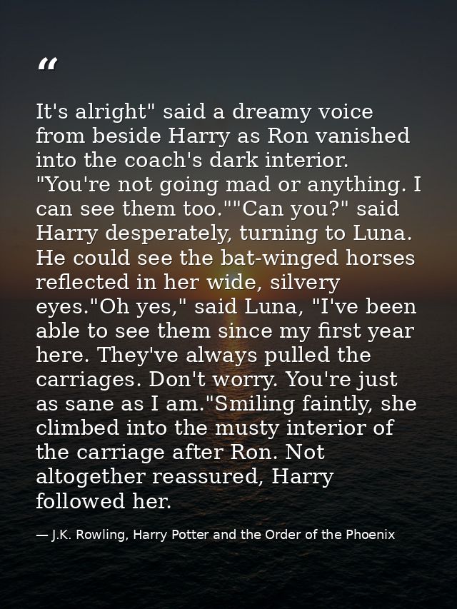 It's alright" said a dreamy voice from beside Harry as Ron vanished into the coach's dark interior. "You're not going ma — J.K. Rowling, Harry Potter and the Order of the Phoenix