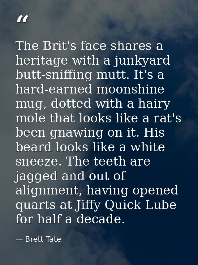 The Brit's face shares a heritage with a junkyard butt-sniffing mutt. It's a hard-earned moonshine mug, dotted with a ha — Brett Tate