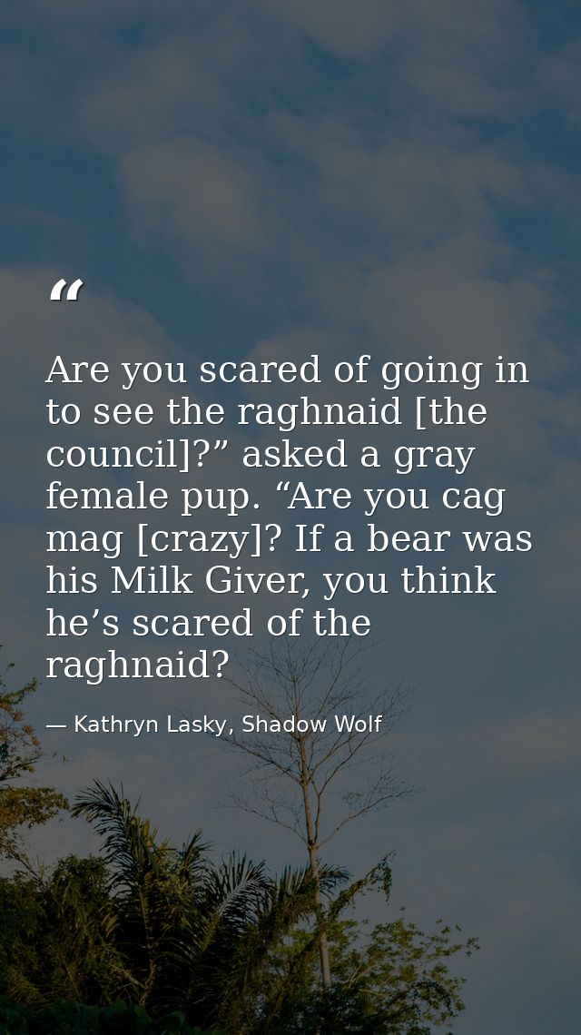 Are you scared of going in to see the raghnaid [the council]?” asked a gray female pup. “Are you cag mag [crazy]? If a b — Kathryn Lasky, Shadow Wolf