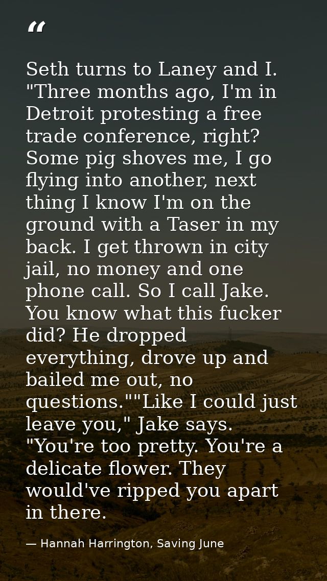 Seth turns to Laney and I. "Three months ago, I'm in Detroit protesting a free trade conference, right? Some pig shoves  — Hannah Harrington, Saving June