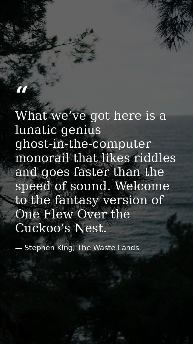 What we’ve got here is a lunatic genius ghost-in-the-computer monorail that likes riddles and goes faster than the speed — Stephen King, The Waste Lands
