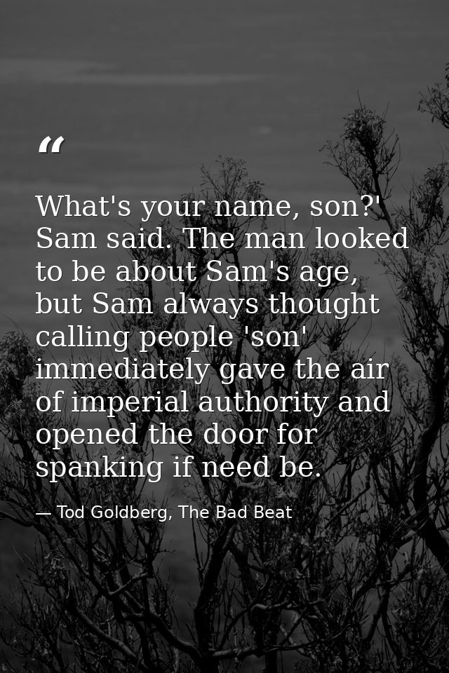 What's your name, son?' Sam said. The man looked to be about Sam's age, but Sam always thought calling people 'son' imme — Tod Goldberg, The Bad Beat