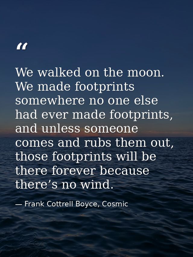 We walked on the moon. We made footprints somewhere no one else had ever made footprints, and unless someone comes and r — Frank Cottrell Boyce, Cosmic