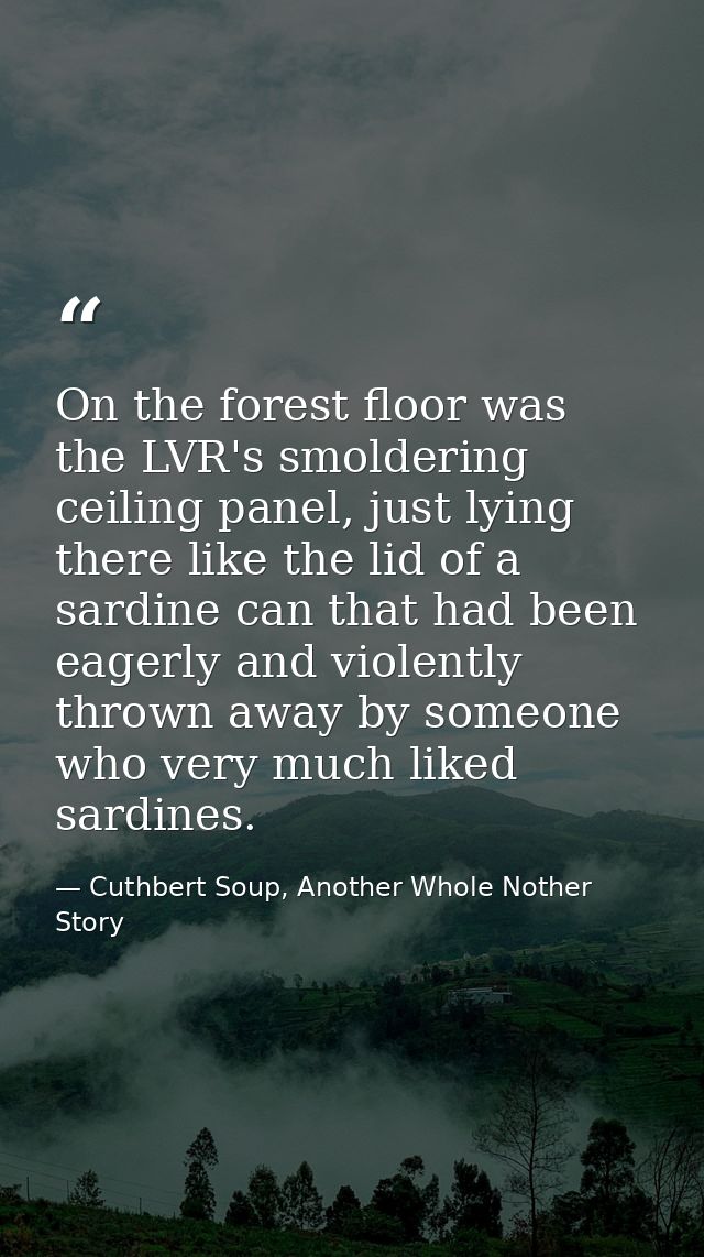 On the forest floor was the LVR's smoldering ceiling panel, just lying there like the lid of a sardine can that had been — Cuthbert Soup, Another Whole Nother Story