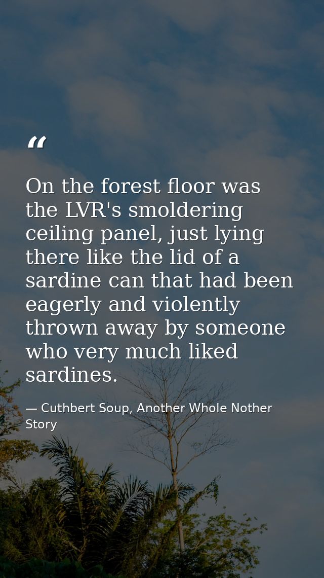 On the forest floor was the LVR's smoldering ceiling panel, just lying there like the lid of a sardine can that had been — Cuthbert Soup, Another Whole Nother Story