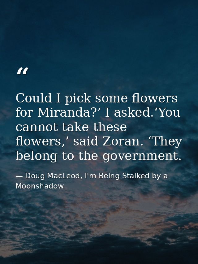 Could I pick some flowers for Miranda?’ I asked.‘You cannot take these flowers,’ said Zoran. ‘They belong to the governm — Doug MacLeod, I'm Being Stalked by a Moonshadow